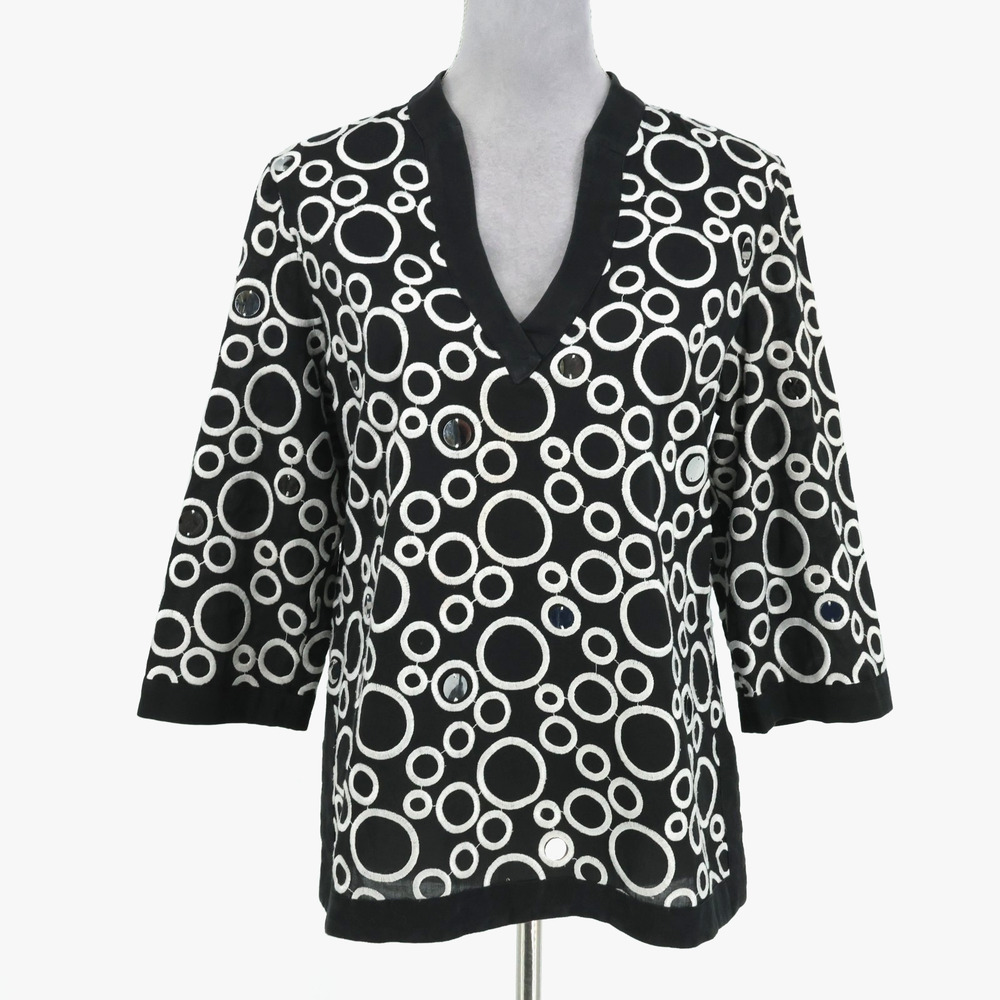 Ann Taylor Top Womens 8 Black White Embroidered Cotton Tunic Sequins Side Zip